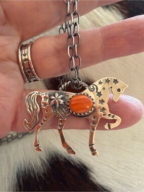 ❤️ Spiny Oyster Decorative Sterling Hand Stamped Statement Horse Pendant w Stars